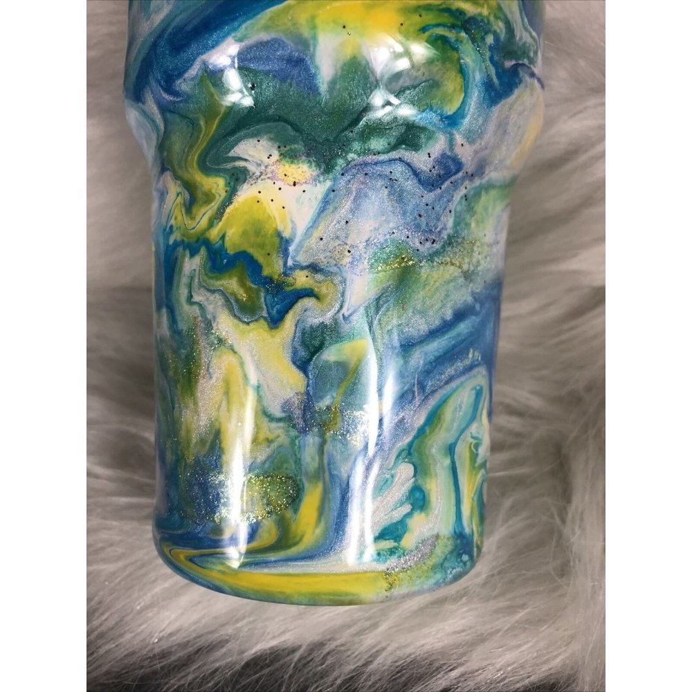 32 Ounce Tumbler Hand Painted Teal’s Blues Yellows Pearls & Glitter Lid Custom - Picture 4 of 16